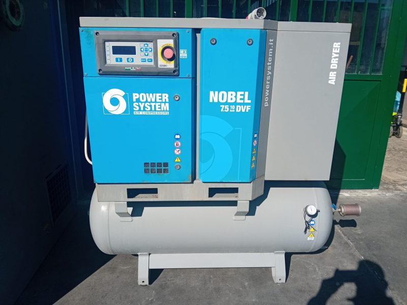 Compressore a Vite Silenziato USATO Hp 10 Ad Inverter, Completo Di Serbatoio Orizzontale Da 270 Lt. + Essiccatore e Filtri 10 Bar, Marca “Power System” Mod.: Nobel 7,5/10/270 DVF €. 4.500,00 + Iva-