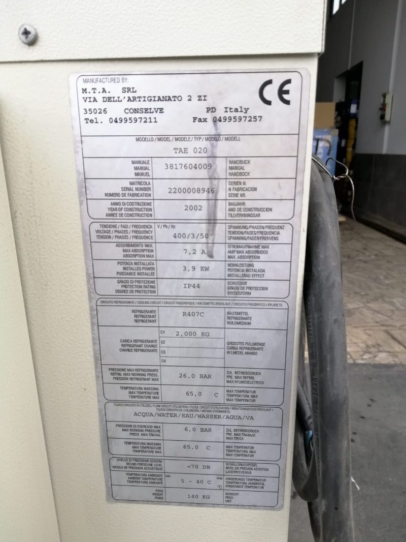 Refrigeratore Acqua e Liquidi Vari, USATO 5,8 KW. Marca : “M.T.A.” Mod.: TAE 020- €. 2.350,00 + Iva- - immagine 5